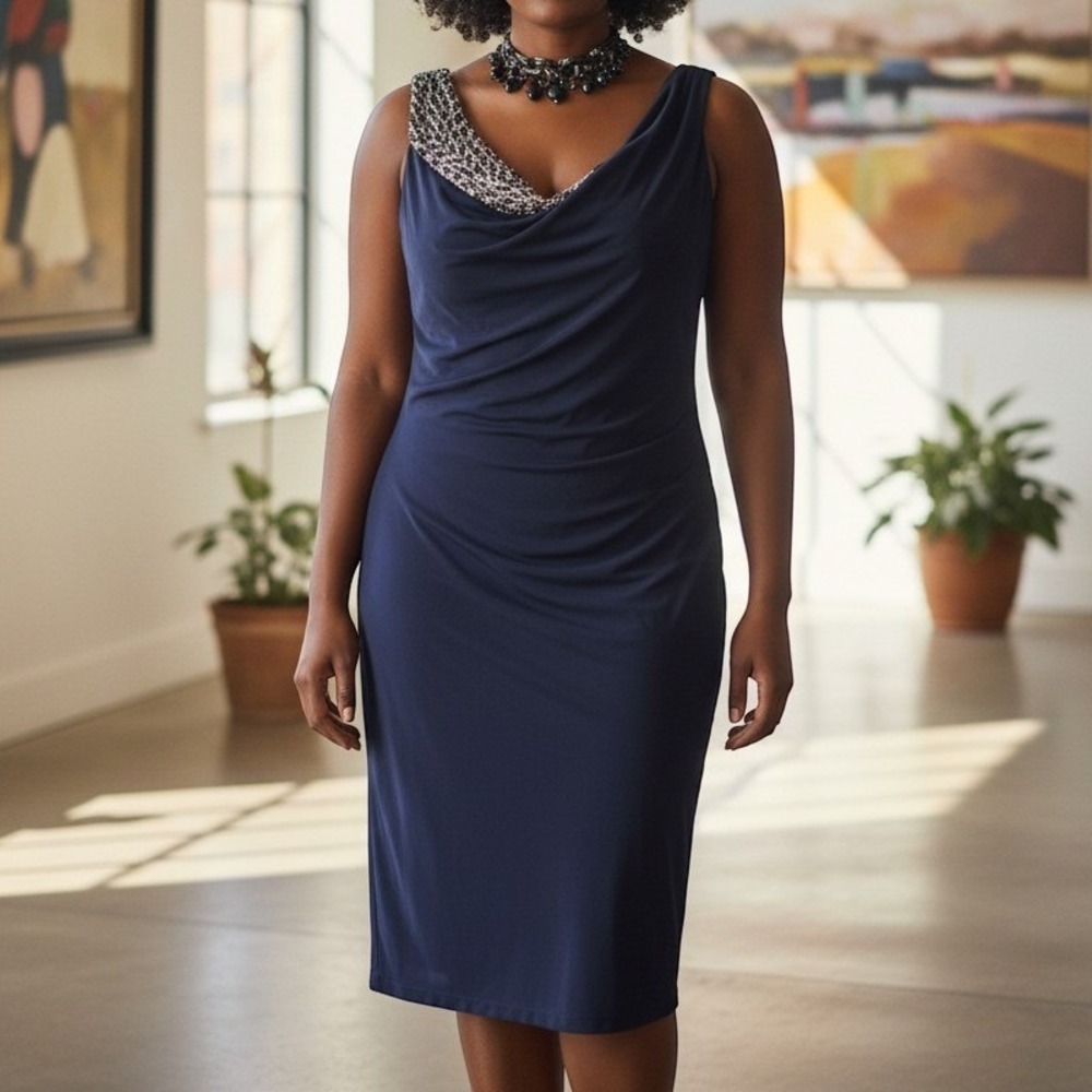 Kay Unger Dress 14‎ Blue Embellished One Shoulder Ruched Sheath Cocktail 3187
